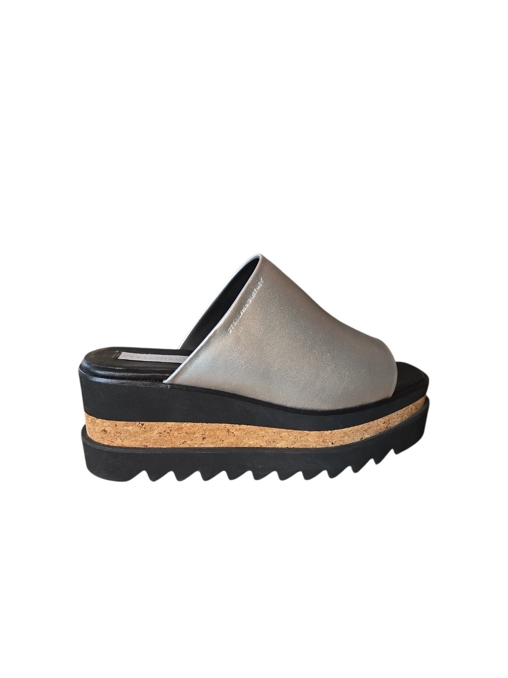 Stella McCartney Sneak-Elyse Sz 39 Metallic Silver Cork-Trim Platform Slide
